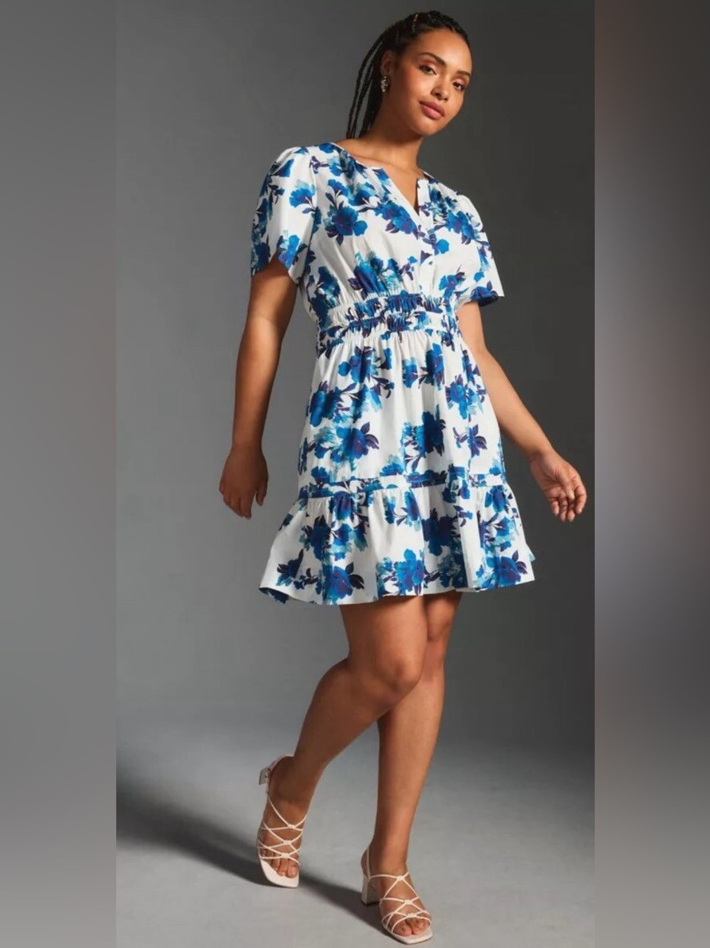 Anthropology Somerset Floral Blue and White Cotton Mini Dress Size S